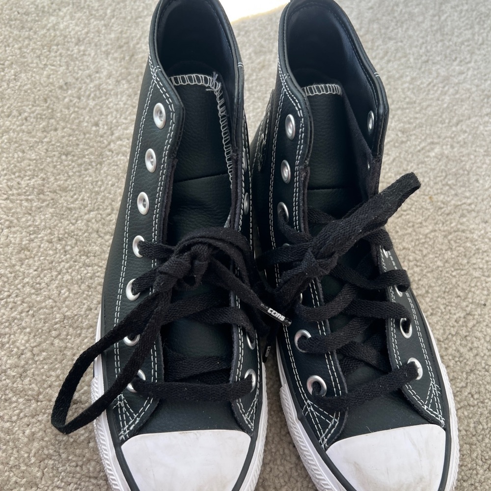 Kids Black Leather High-Top Canvas Sneakers with White Toe